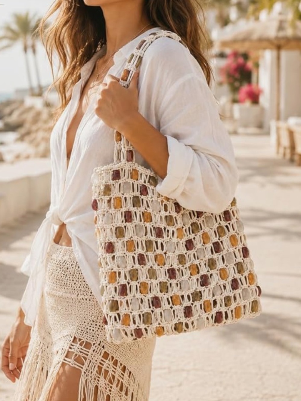 VIRAL Beaded Macrame woven Tote - Cream with Amber & Brown Beads - Picture 3 of 5